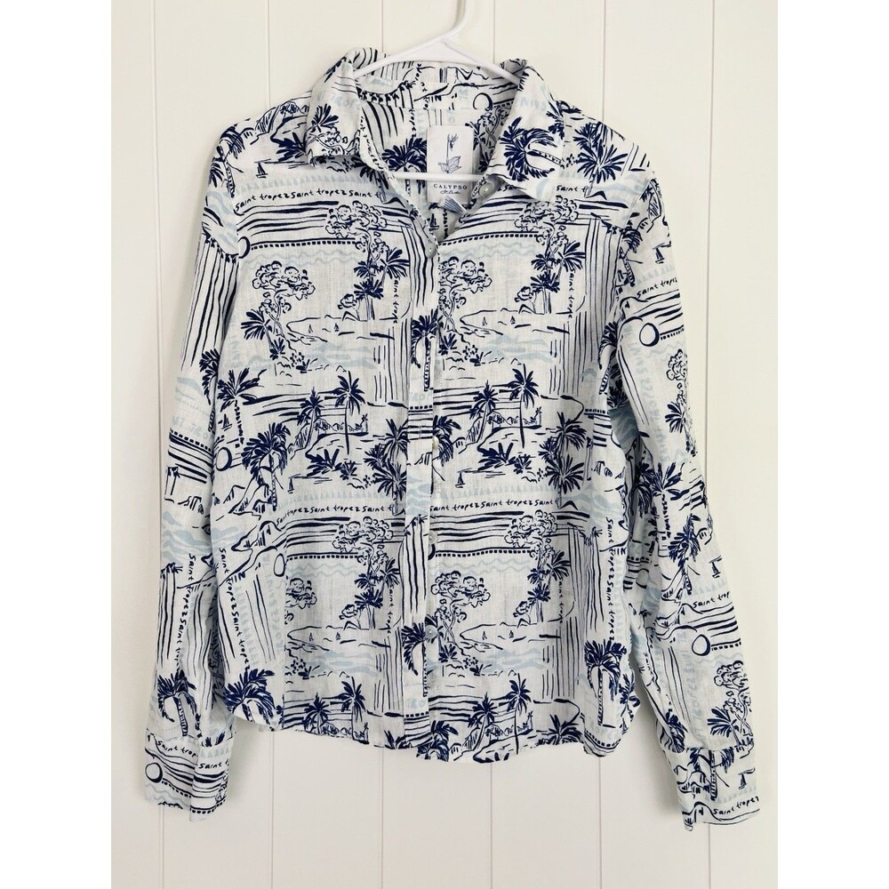 Calypso St Barth 100% Linen Blue White Coastal Blouse Island Resort Wear Large